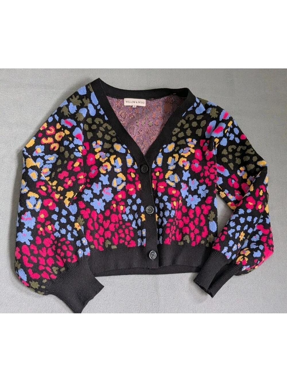 Willow & Wind Sweater Cardigan Womens S Black Colorful Leopard Balloon Sleeve